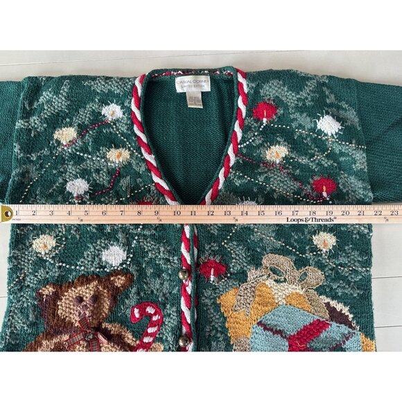 Vtg 90's Ugly Christmas Cardigan Sweater Women's M  Knit Bells Bows Teddy Bear - Picture 12 of 13